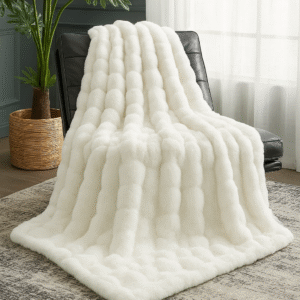 white faux fur bubble throw