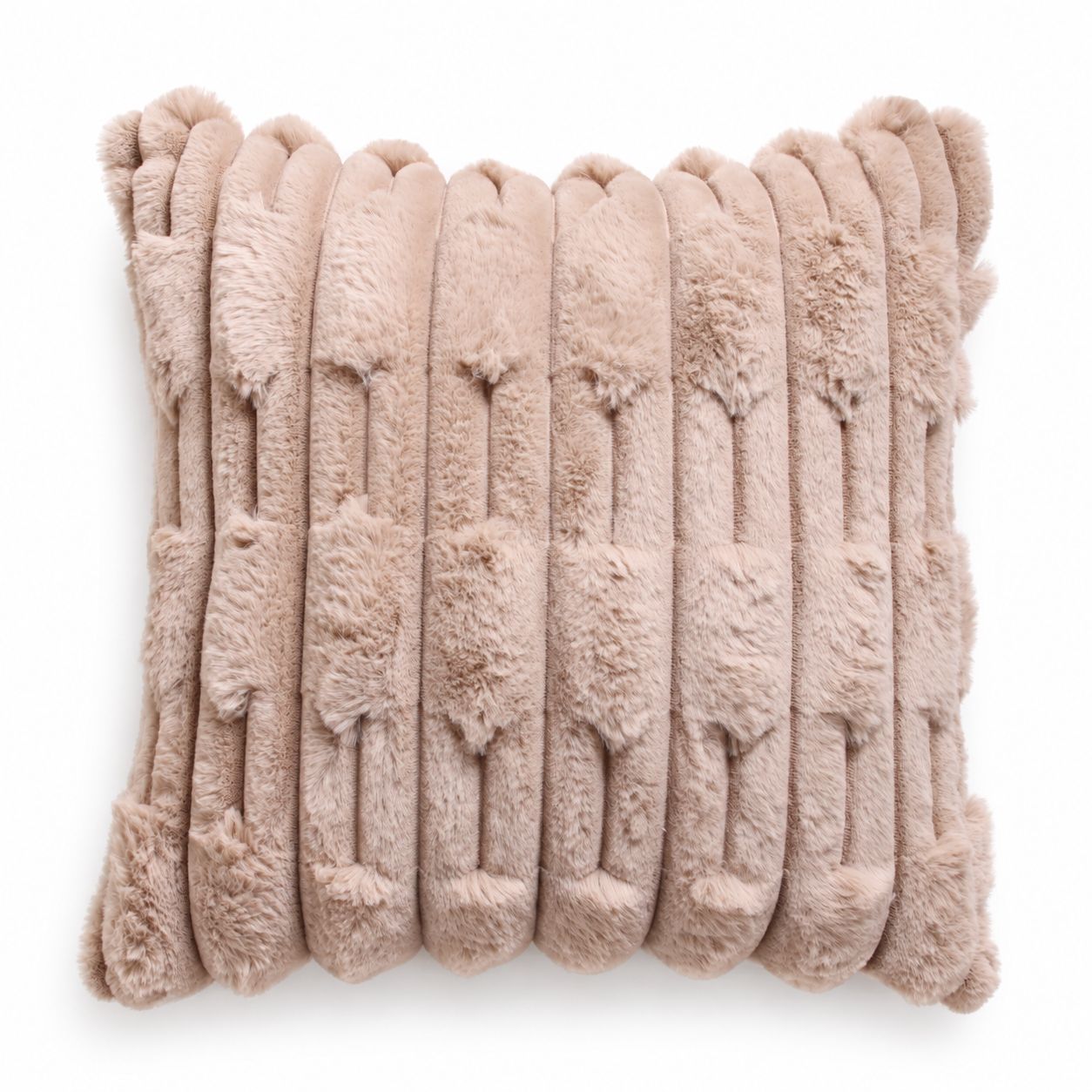 Close-up of a beige faux fur cushion with raised geometric stripes