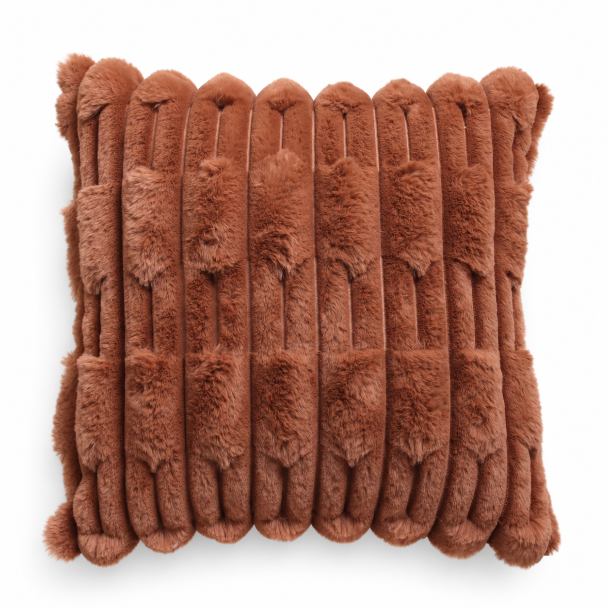 Close-up of a brown faux fur cushion with raised geometric stripes