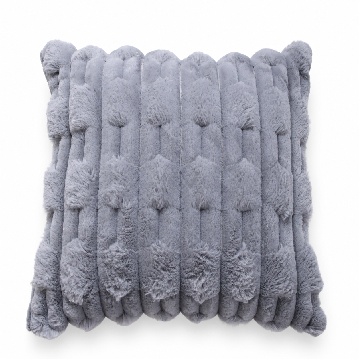 Close-up of a dark grey faux fur cushion with raised geometric stripes