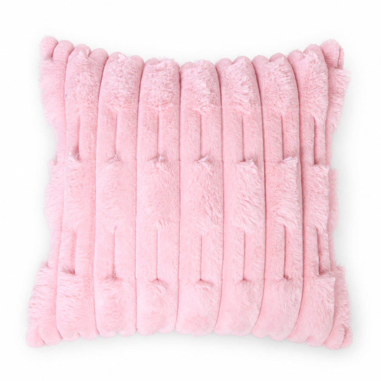 Close-up of a pink faux fur cushion with raised geometric stripes
