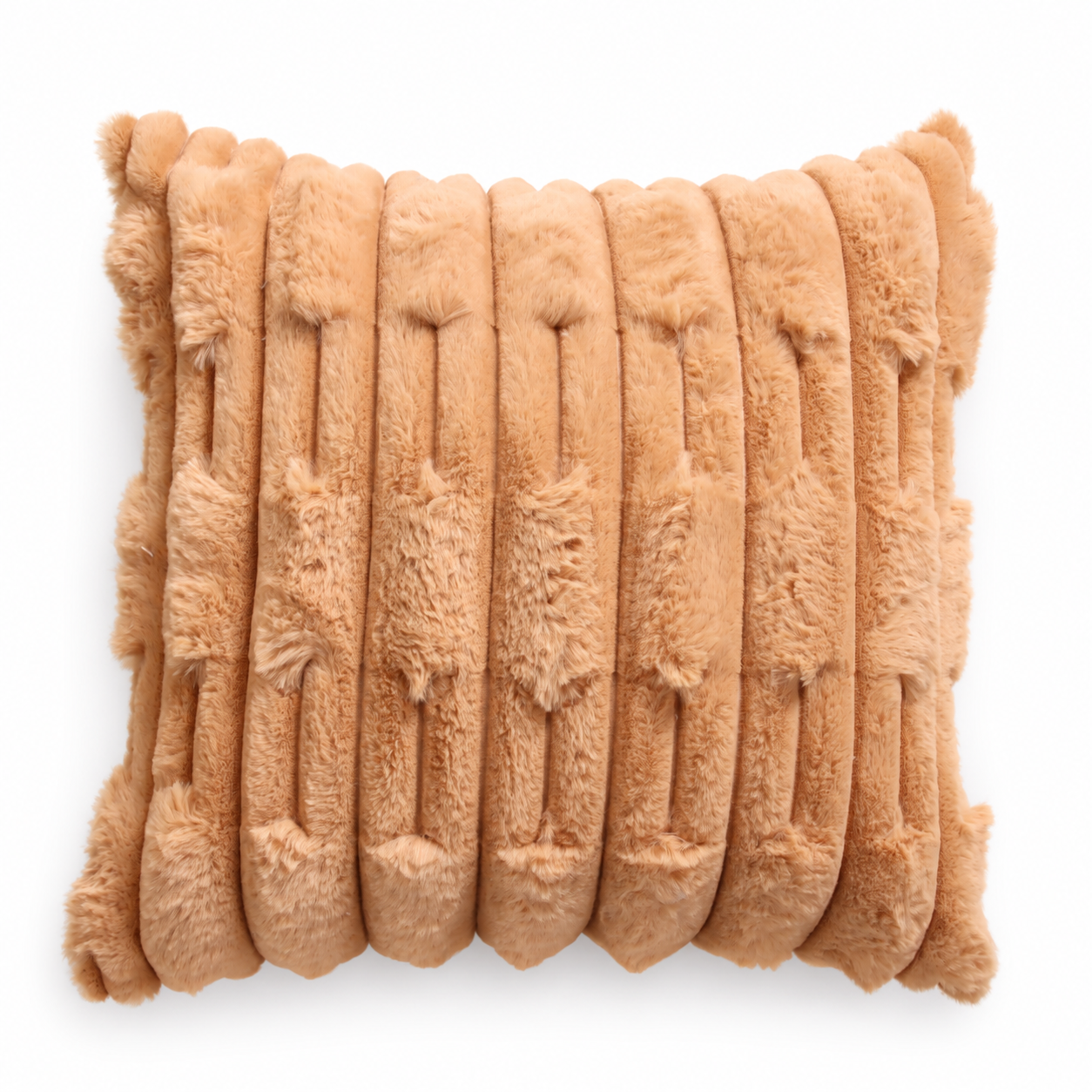 Close-up of a tan faux fur cushion with raised geometric stripes