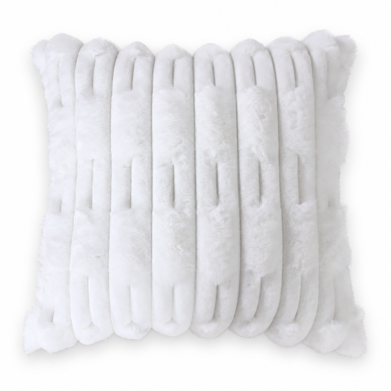Close-up of a white faux fur cushion with raised geometric stripes