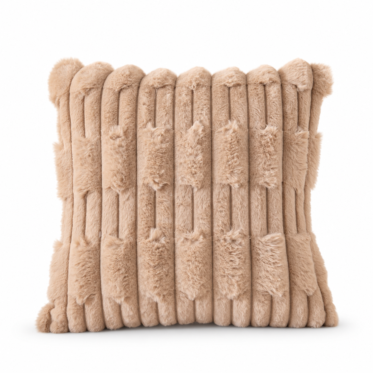 Front view of a beige faux fur cushion with raised geometric stripes