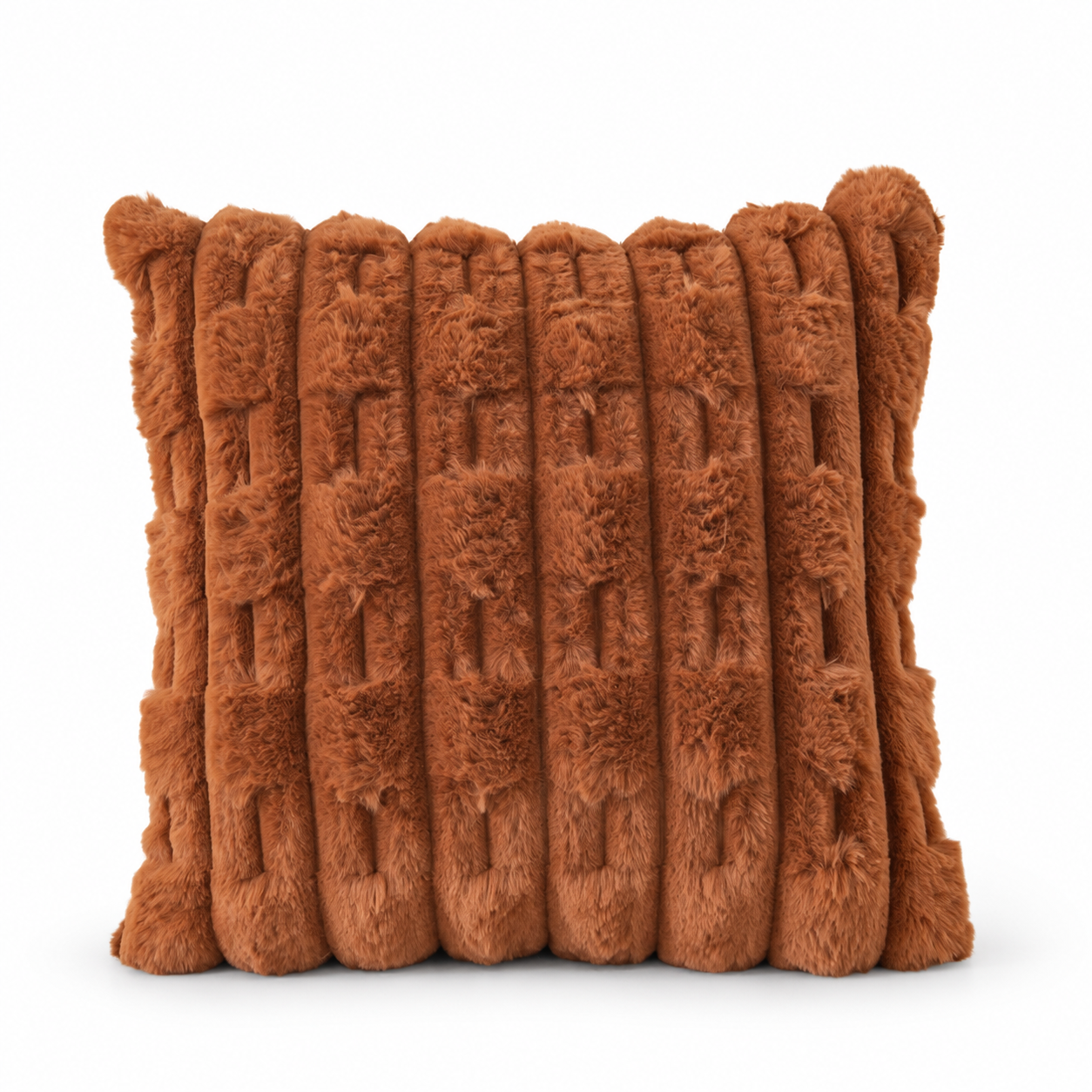 Front view of a brown faux fur cushion with raised geometric stripes