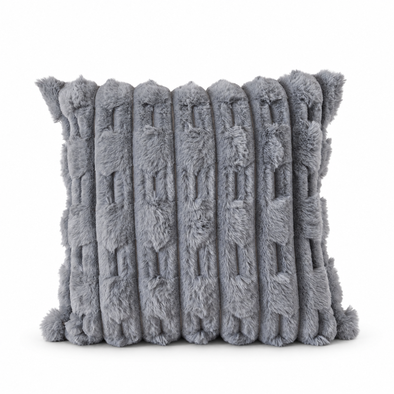 Front view of a dark grey faux fur cushion with raised geometric stripes