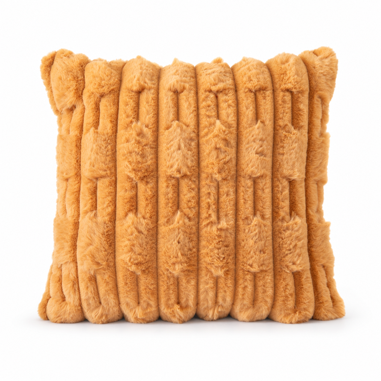 Front view of a gold faux fur cushion with raised geometric stripes