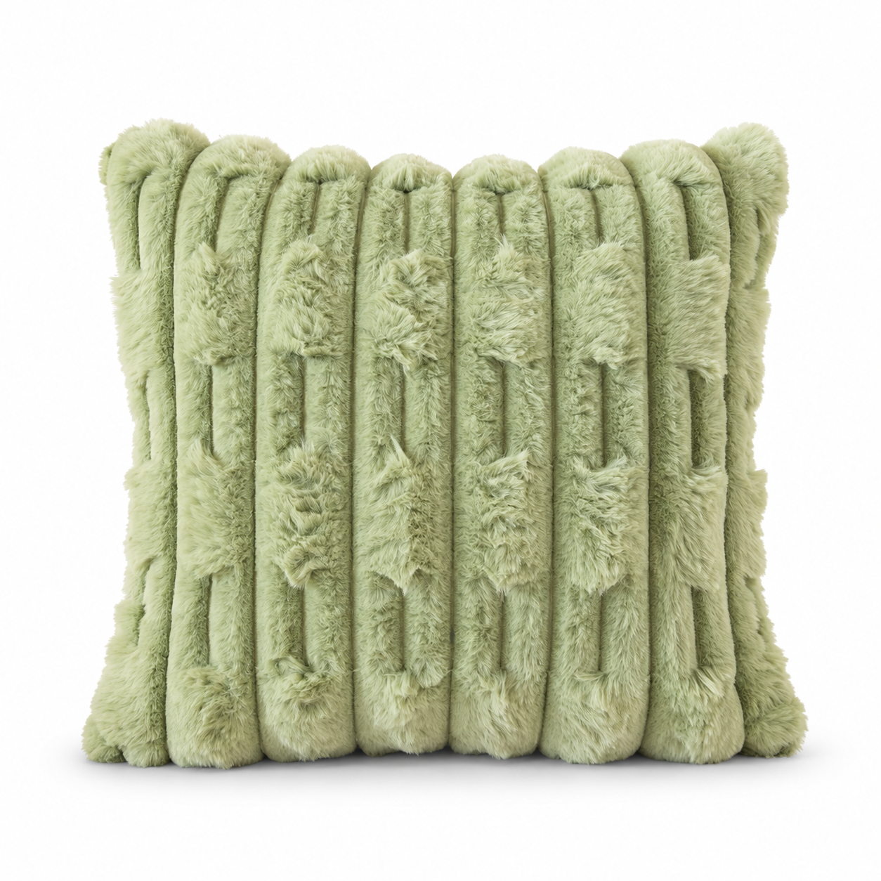 Front view of a green faux fur cushion with raised geometric stripes