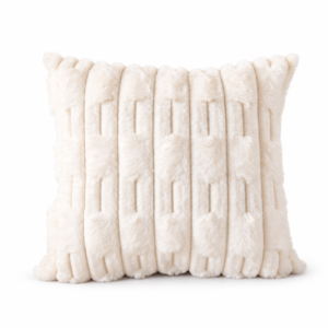 Front view of a ivory faux fur cushion with raised geometric stripes