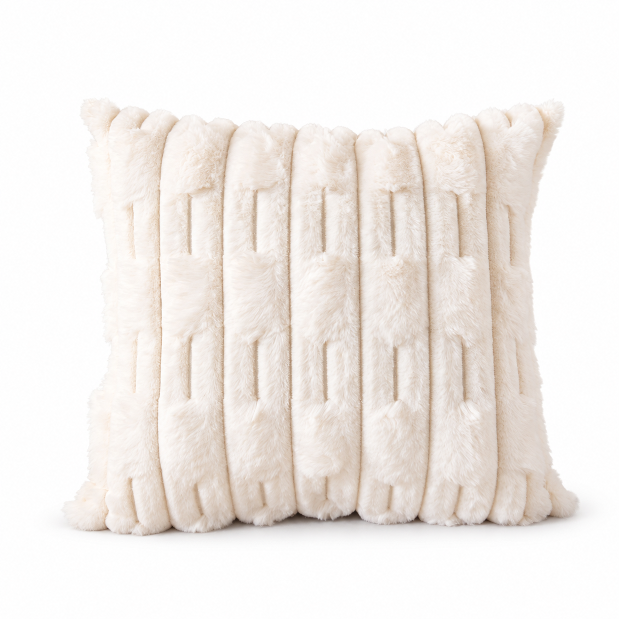 Front view of a ivory faux fur cushion with raised geometric stripes