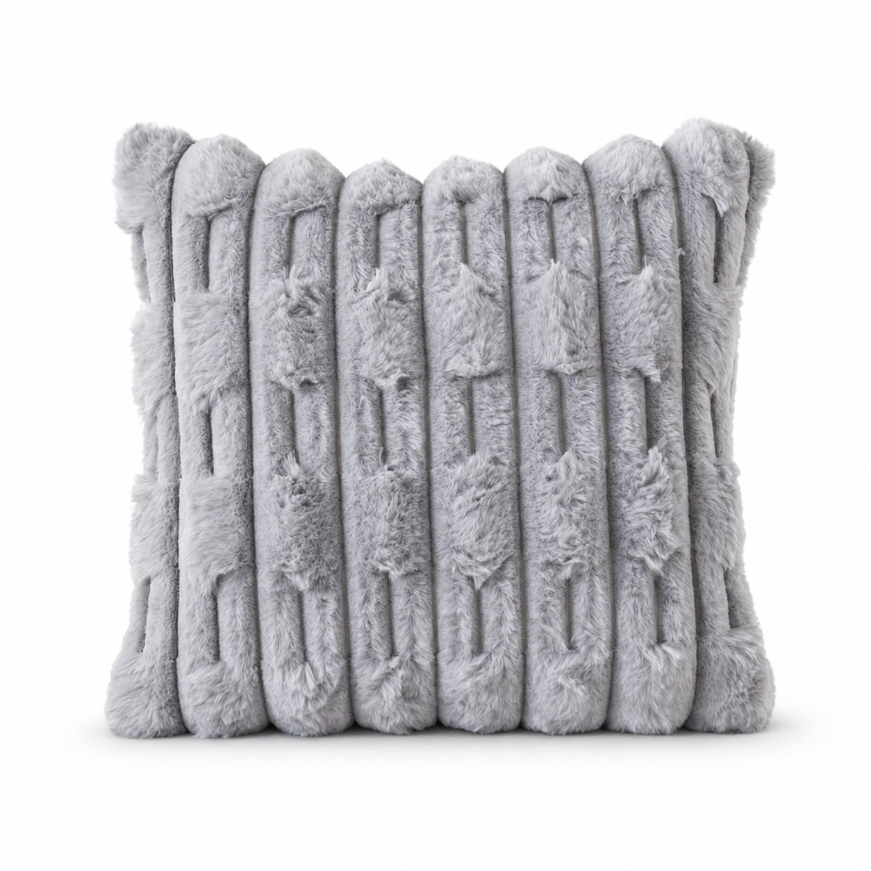 Front view of a light grey faux fur cushion with raised geometric stripes
