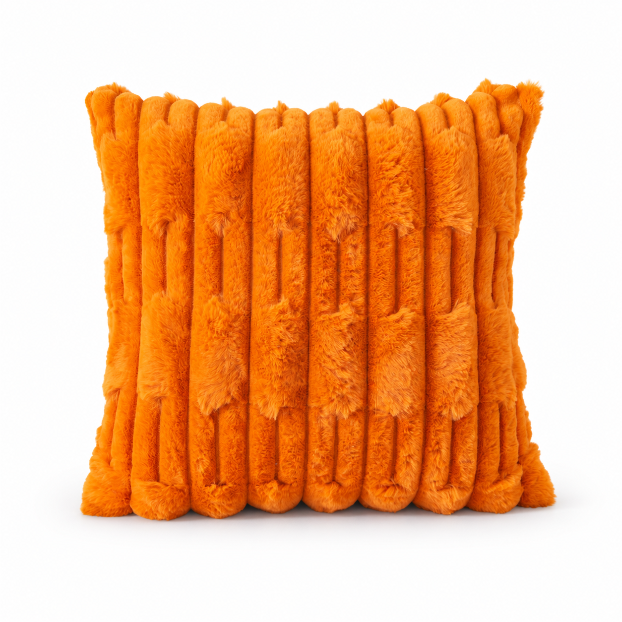 Front view of a orange faux fur cushion with raised geometric stripes