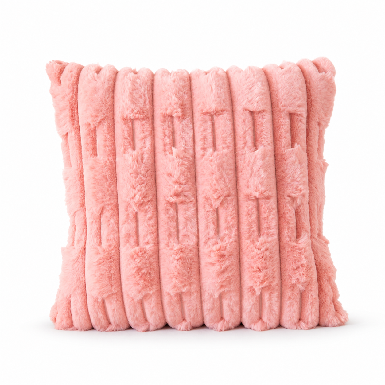 Front view of a pink faux fur cushion with raised geometric stripes
