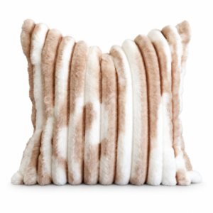 Beige and white faux fur cushion with alternating raised vertical stripes