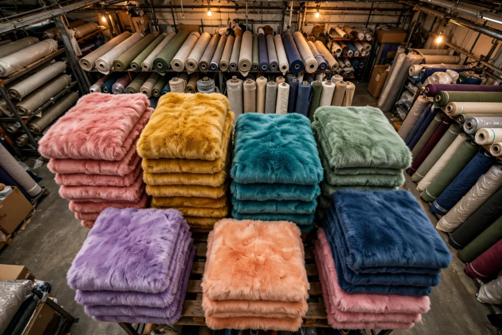 Stacked faux fur throw blankets in a textile factory warehouse