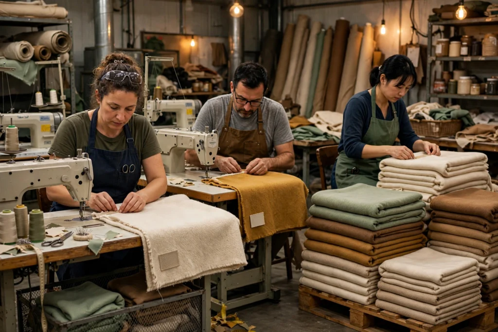 Workers sewing private label throws in a textile factory
