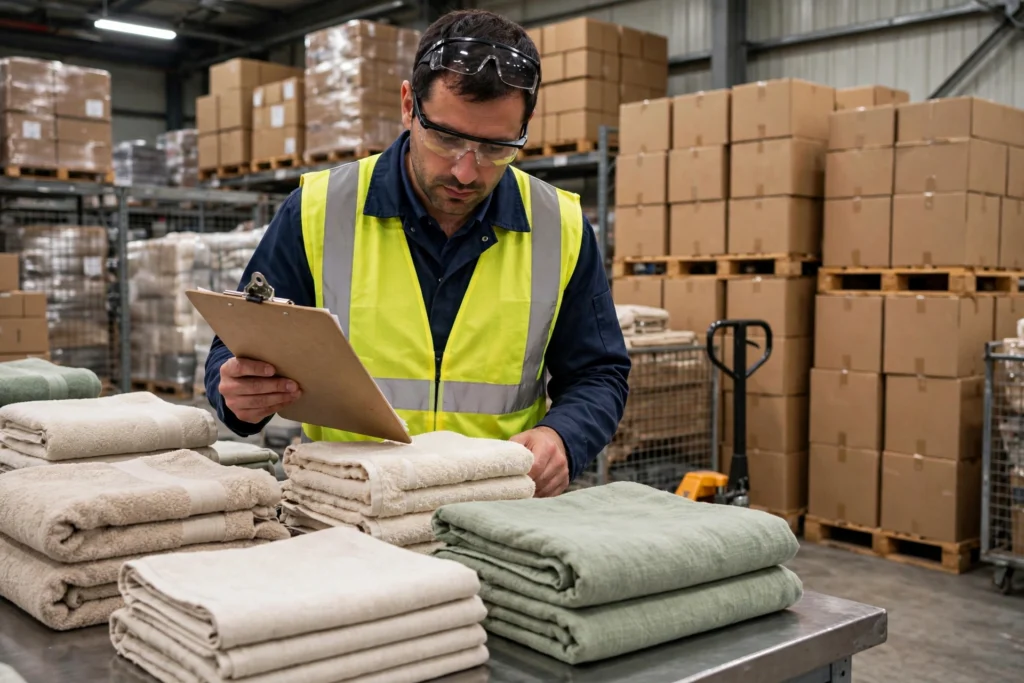 Quality inspector checking folded textiles in a warehouse